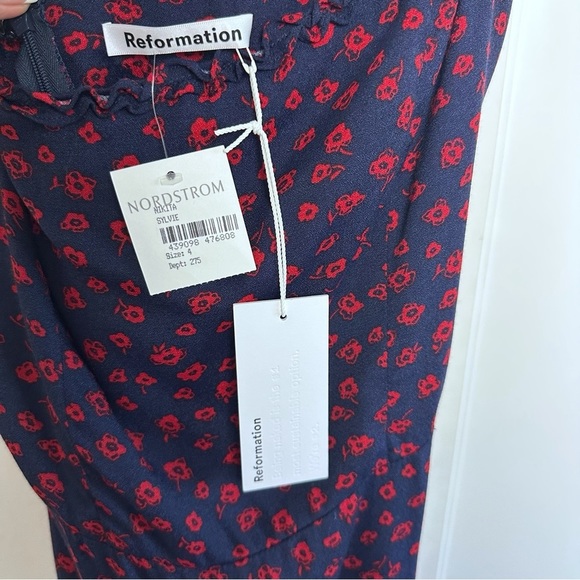 REFORMATION Virgil Dress Navy/Red Floral Print Ruffle Strap GRANADA Crepe Midi - Picture 15 of 16